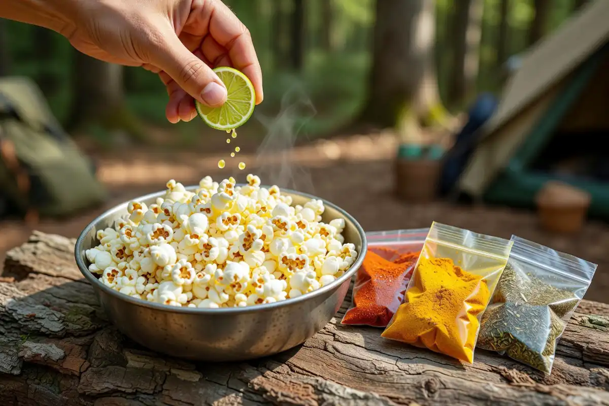 Freshly popped white popcorn in a camp bowl with seasoning spices beside it