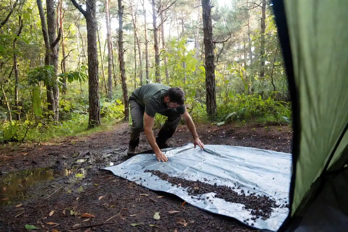 camper smoothing out groundsheet flat on wet forest campsite ground
