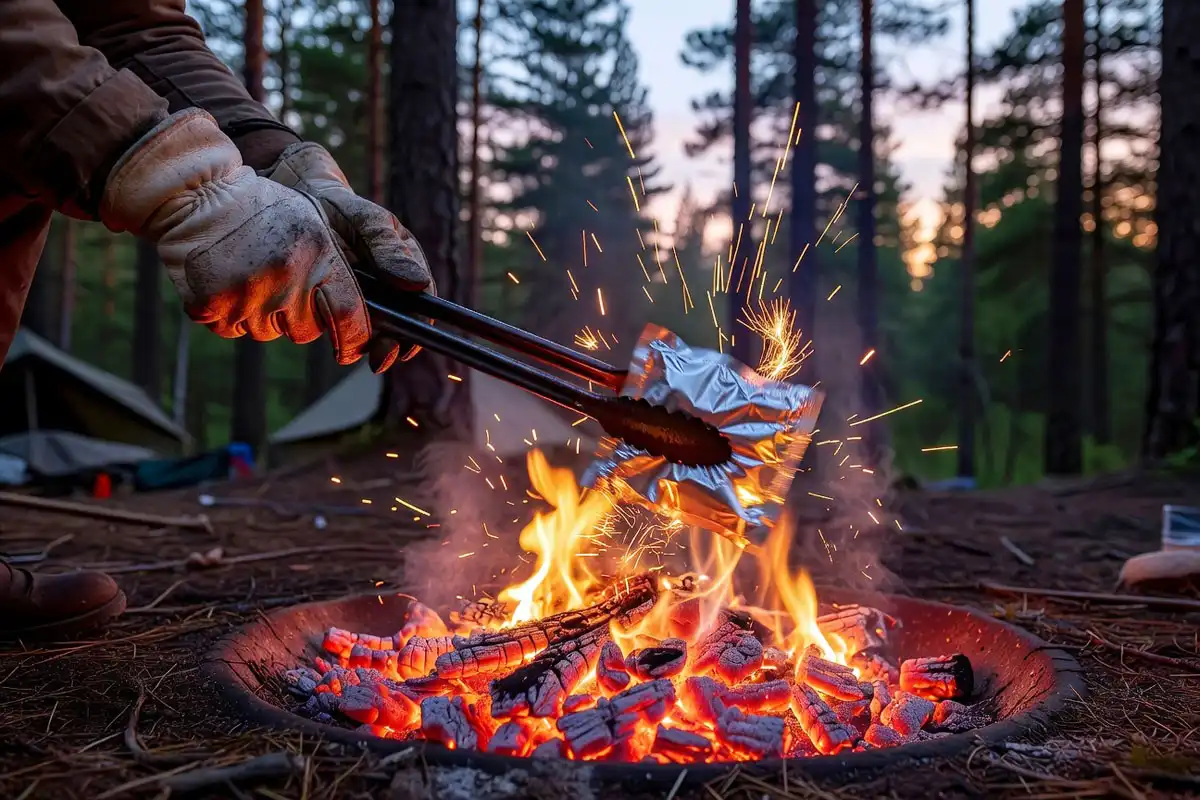 Camper shaking foil packet over hot coals with long tongs