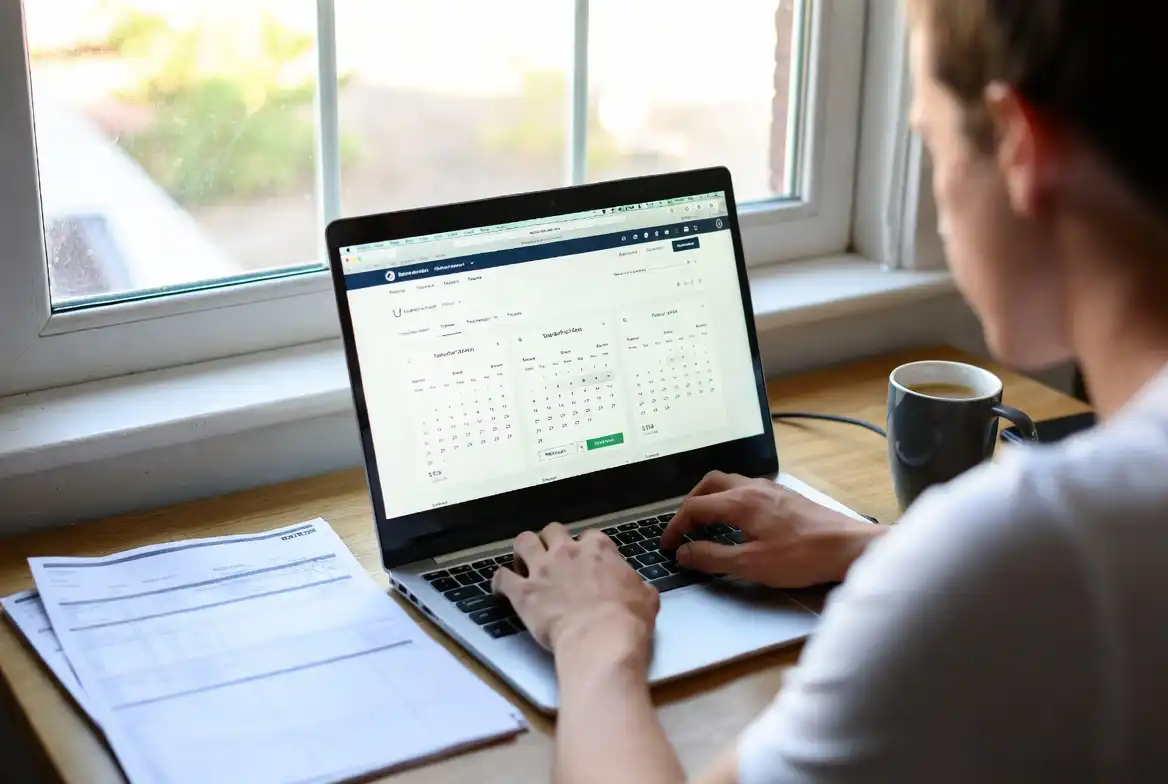 person comparing seasonal travel prices on laptop with travel calendar