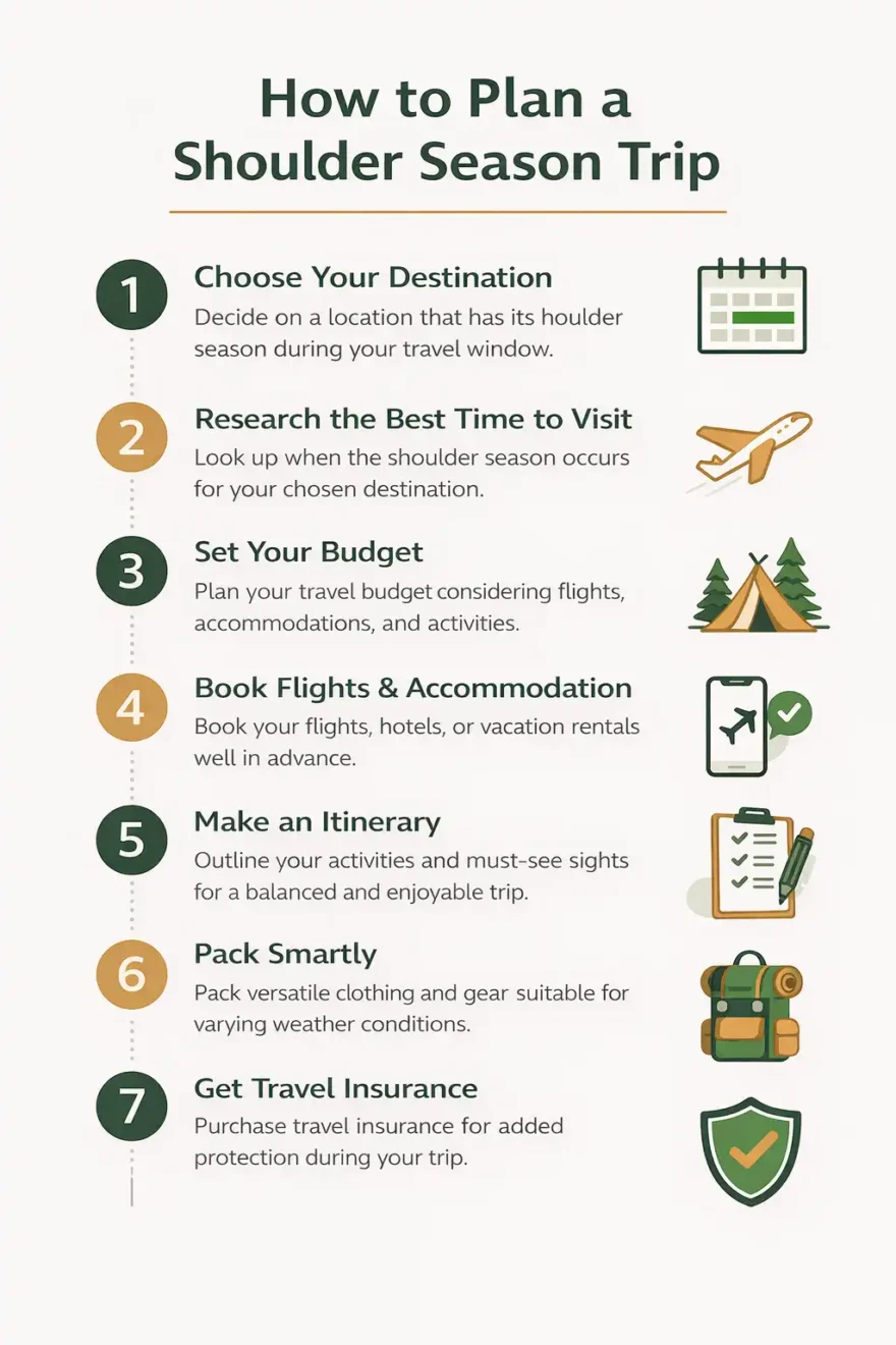 step by step infographic guide for planning a budget outdoor trip in shoulder season