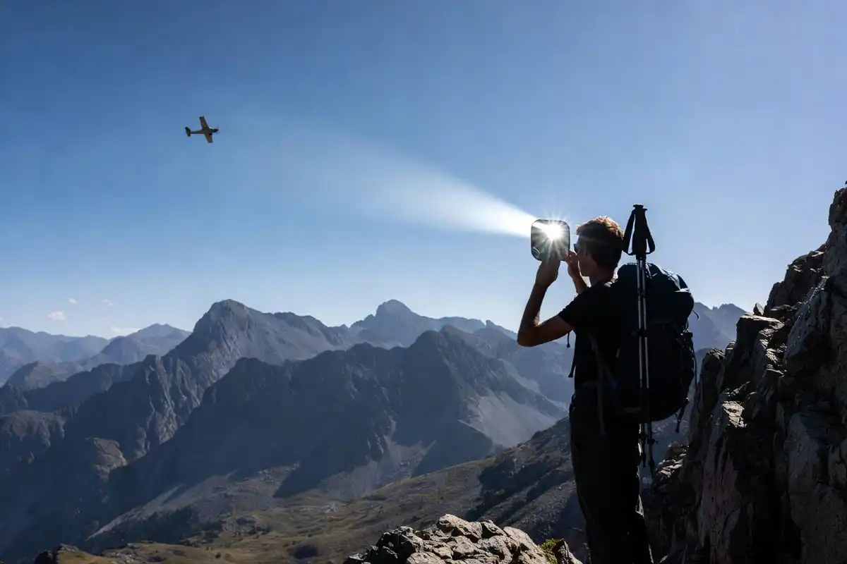 hiker aiming a signal mirror from a mountain ridge in sunlight
