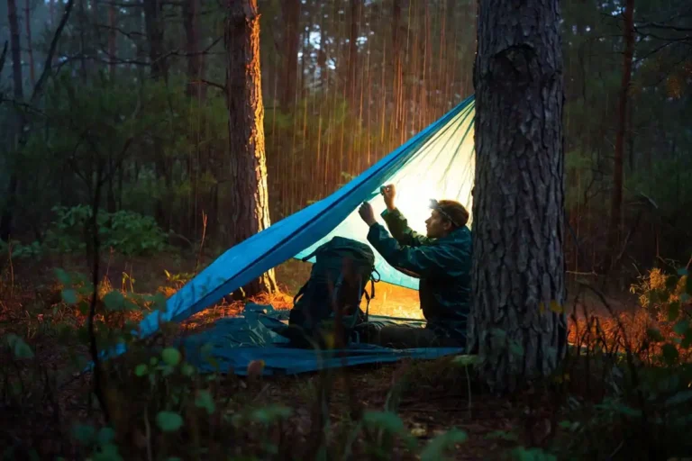 tarp shelter built during sudden rain