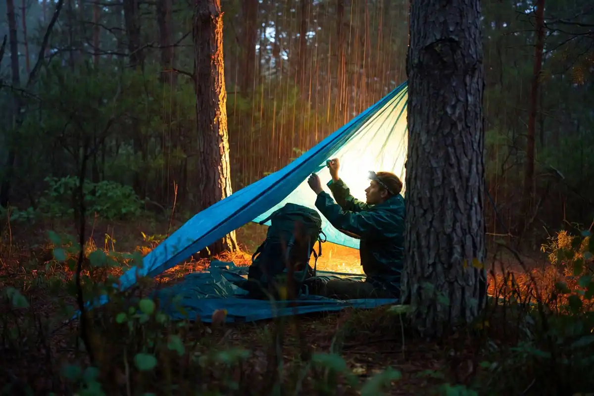tarp shelter built during sudden rain