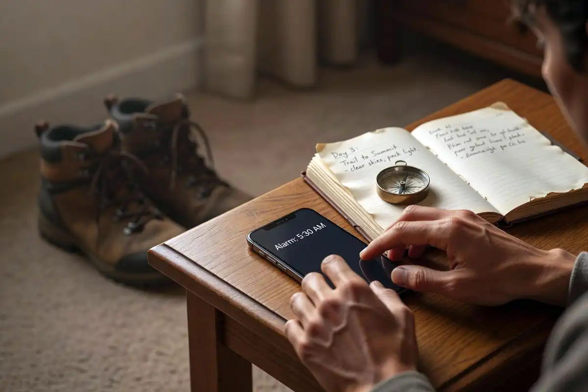 Man setting an early morning alarm on phone beside a camping journal and hiking gear