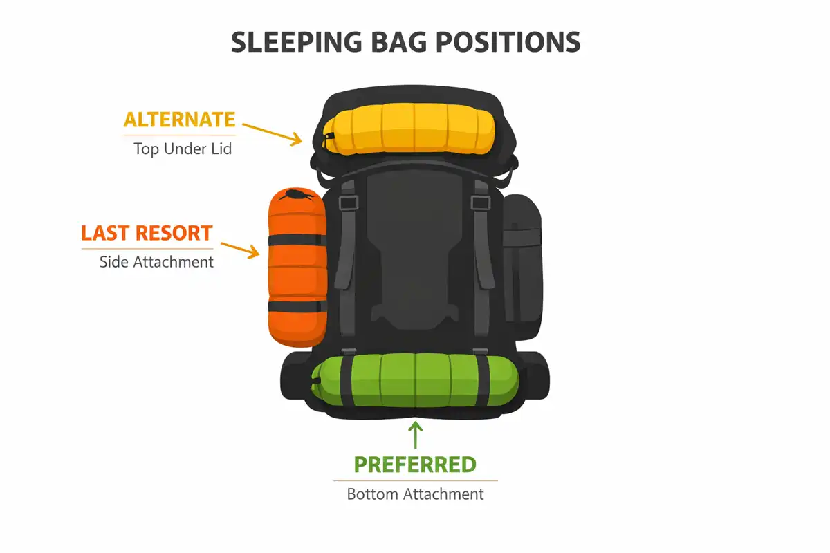Infographic showing best sleeping bag placement positions on a hiking backpack