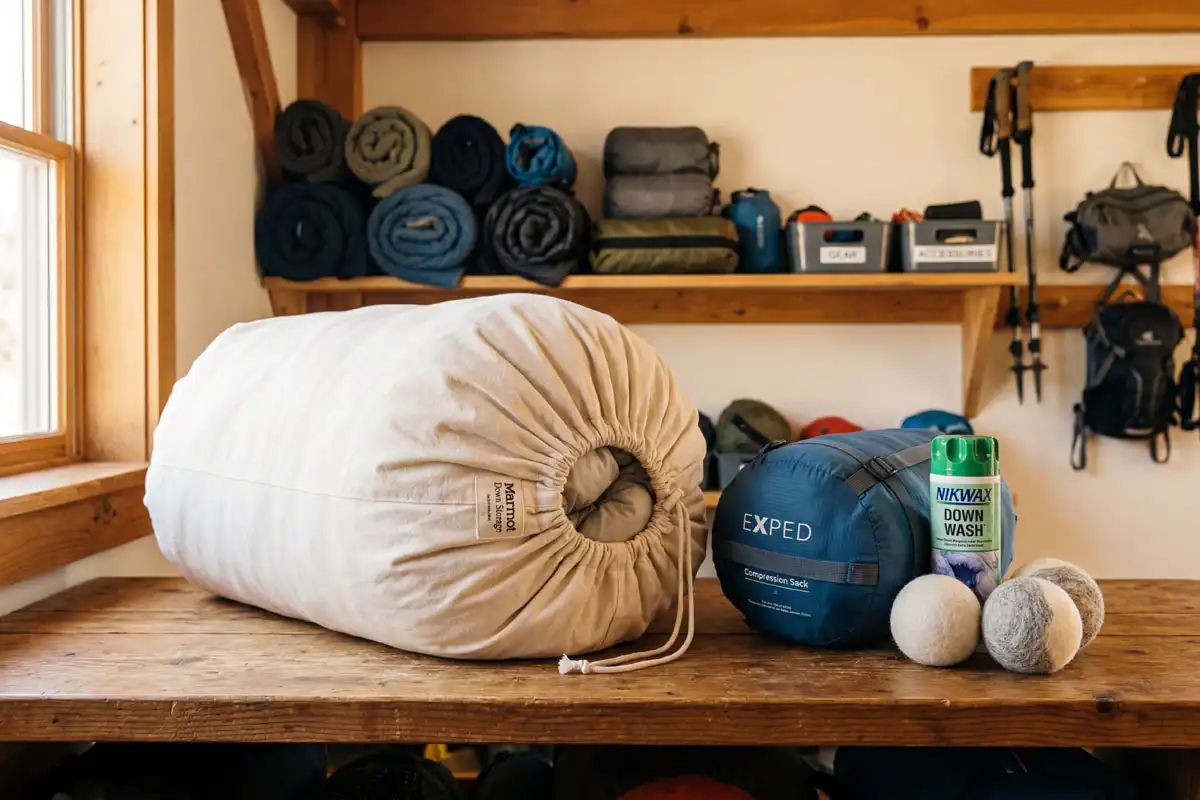 Down sleeping bag in a cotton storage sack with down wash and dryer balls