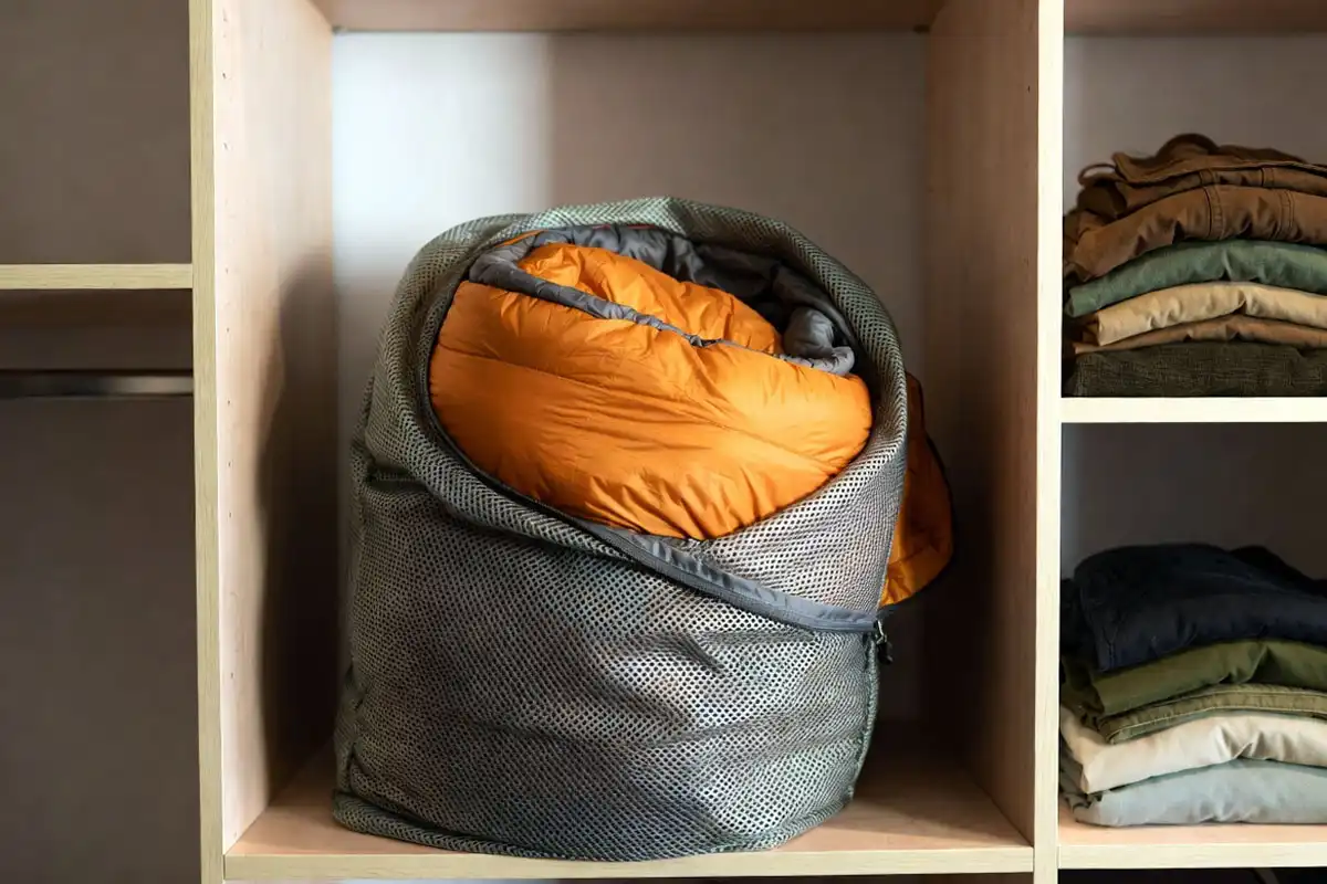 Clean sleeping bag stored loosely in a cotton storage sack on closet shelf
