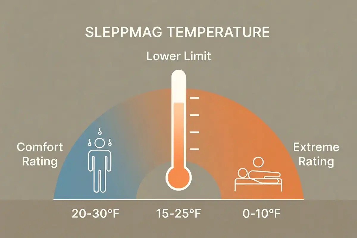 Sleeping bag temperature rating chart showing comfort and lower limit zones