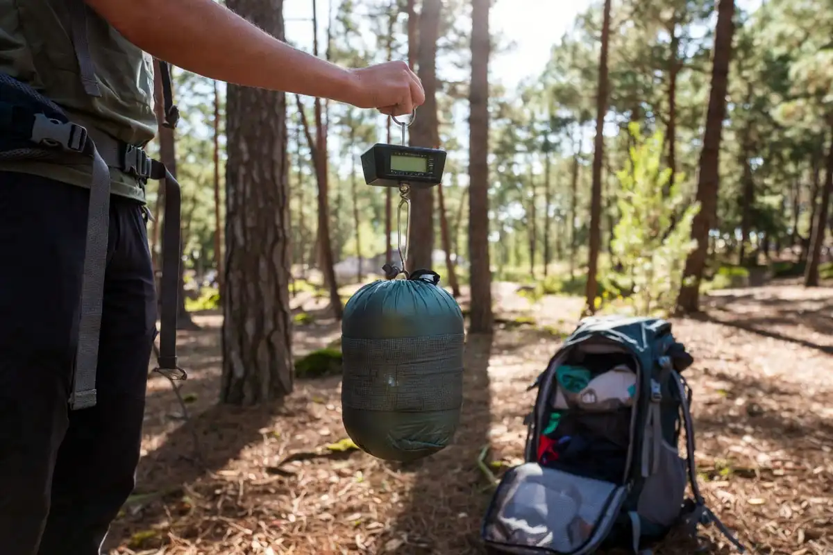 backpacker weighing a compressed sleeping bag with a hanging scale at camp