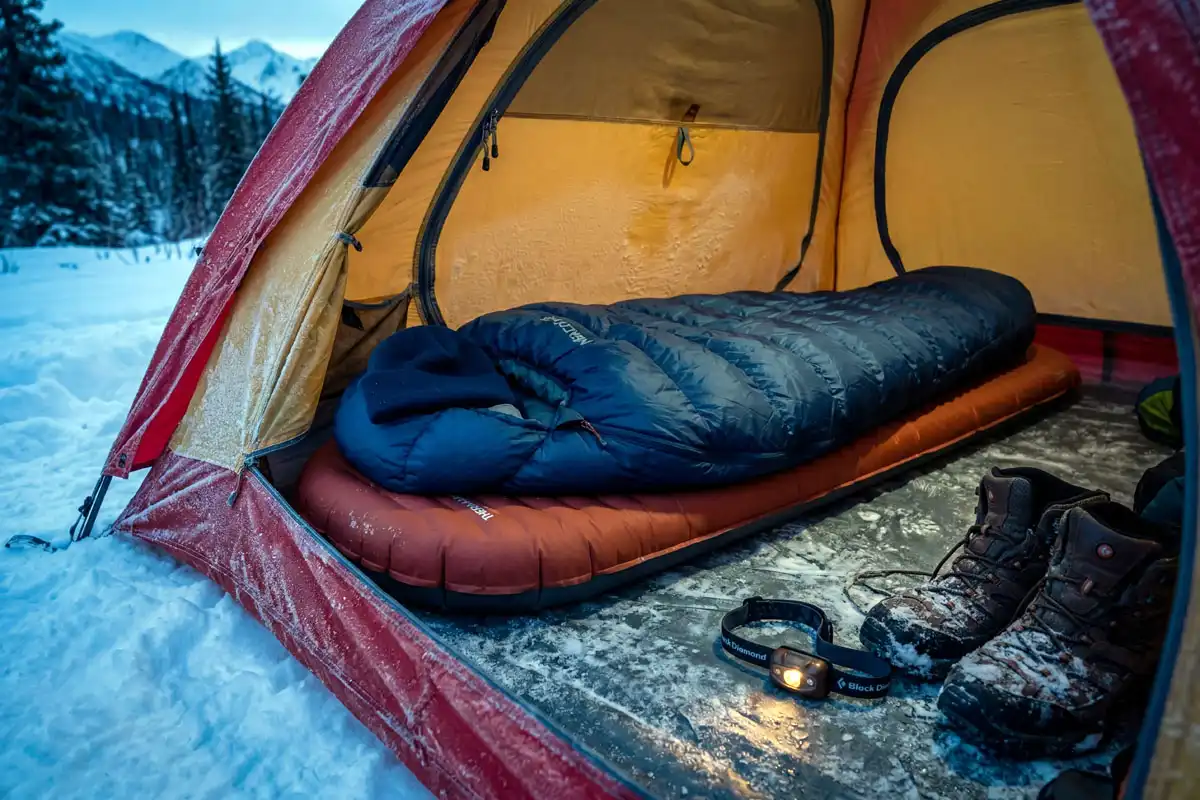 Insulated sleeping pad under a sleeping bag inside a tent on snowy ground