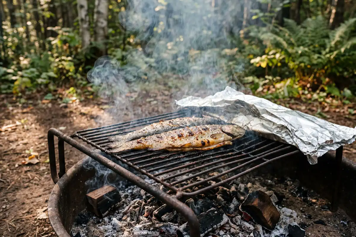 Butterflied trout smoking flesh side down on a camp grill grate over low hardwood coals