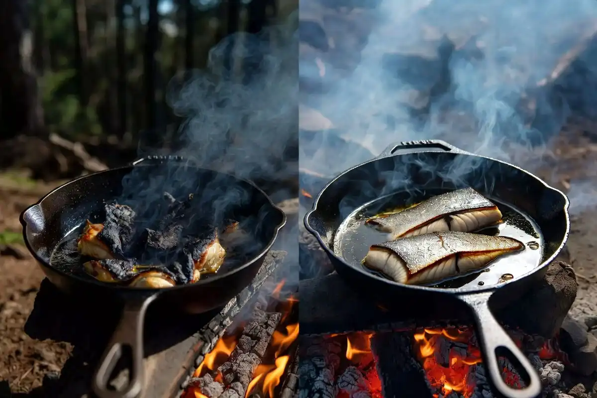Cast iron pan with smoking oil over hot campfire flames