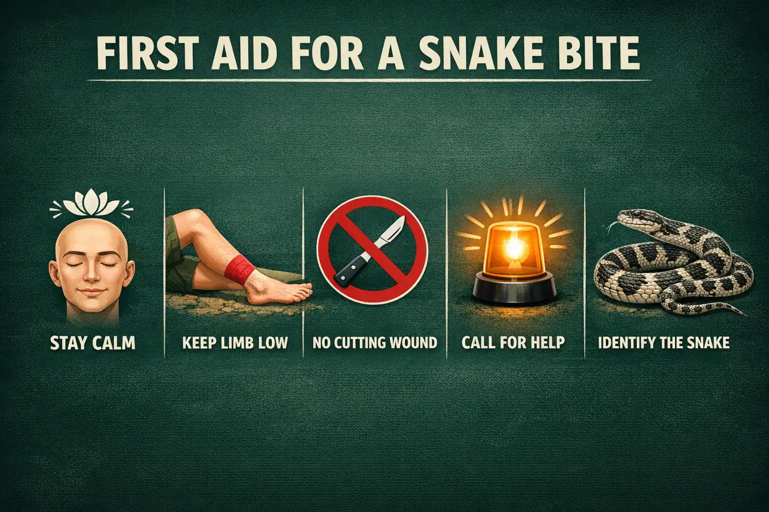 illustrated infographic about emergency steps after a snake bite while camping