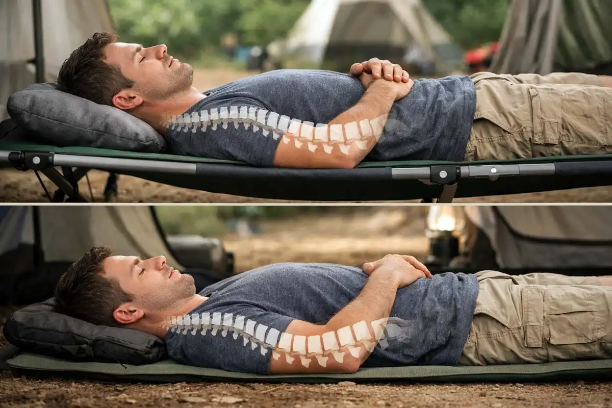 side view comparison of back posture on cot and ground pad