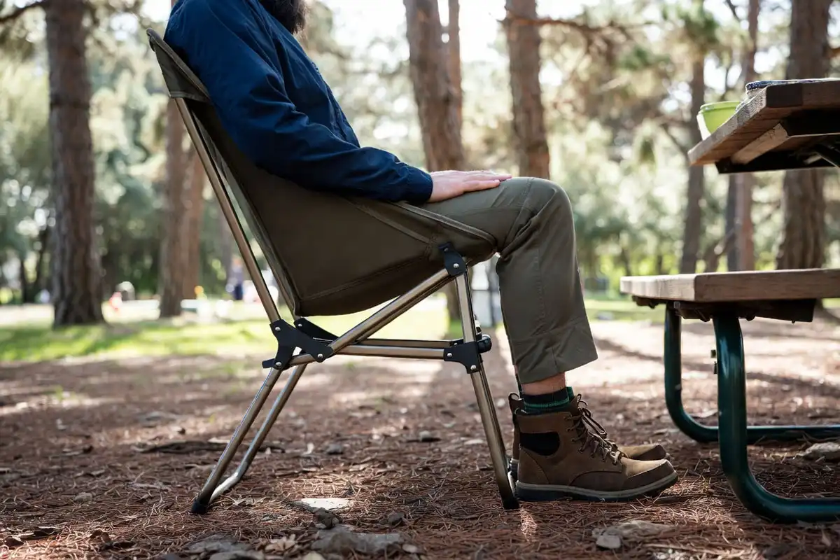 tall camper pushing up from firm armrests on higher seat