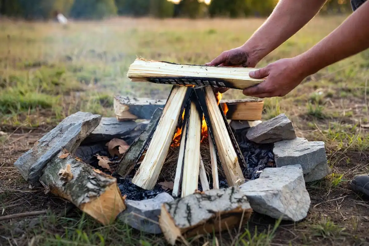  teepee campfire build with tinder kindling and firewood in a stone fire ring