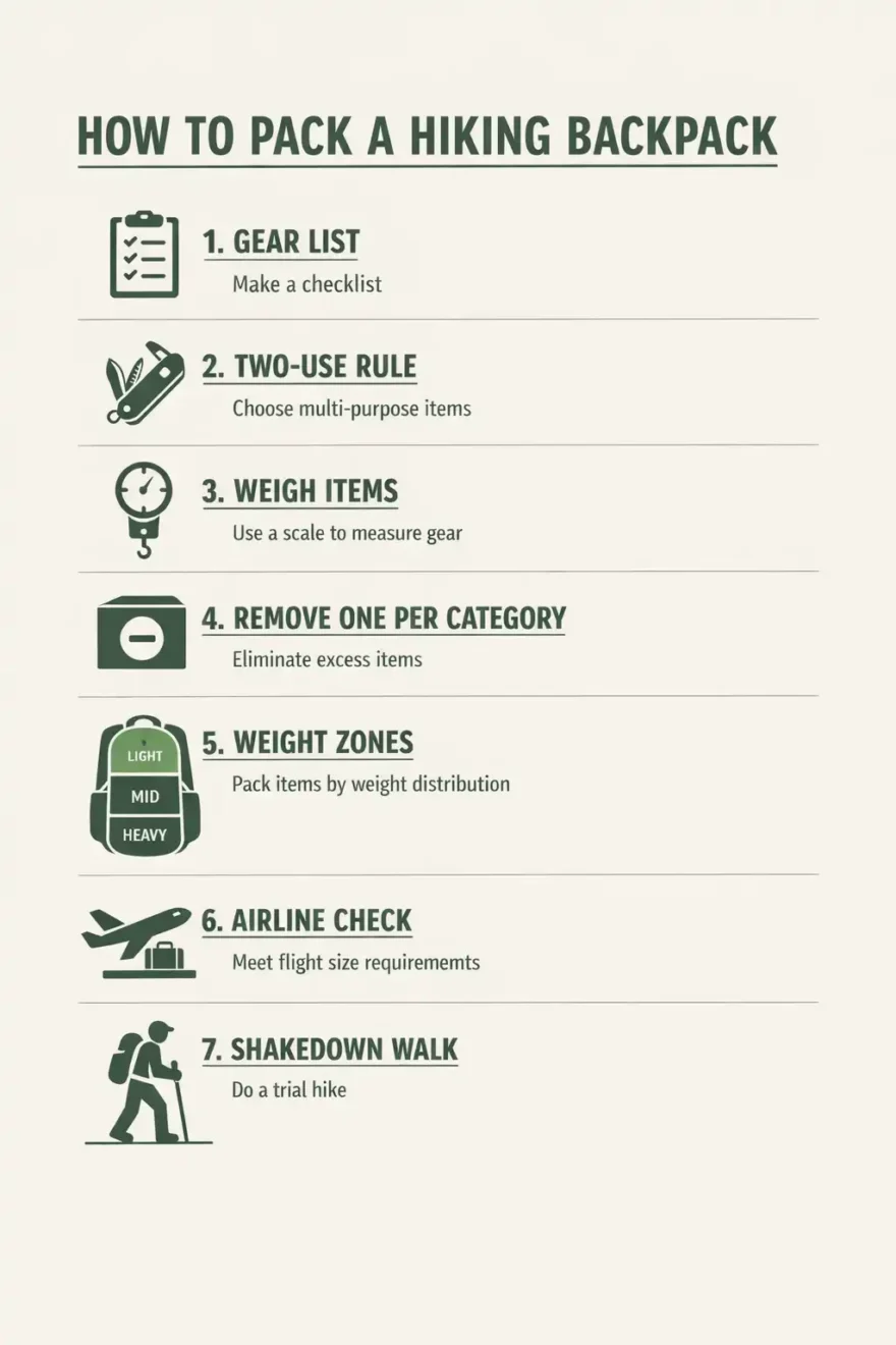 seven steps to pack a hiking backpack for an international trip