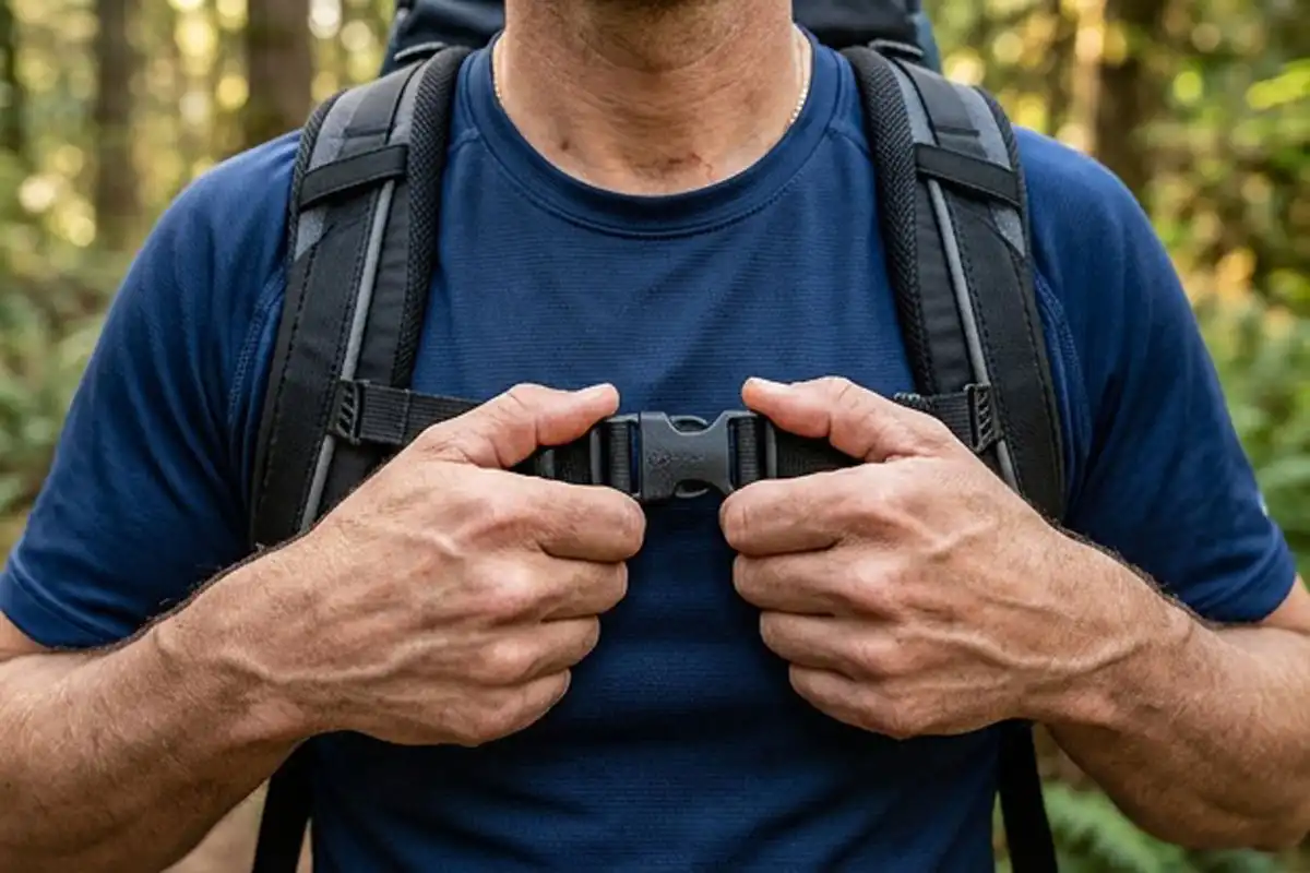 Hiker clipping a sternum strap buckle below the collarbone