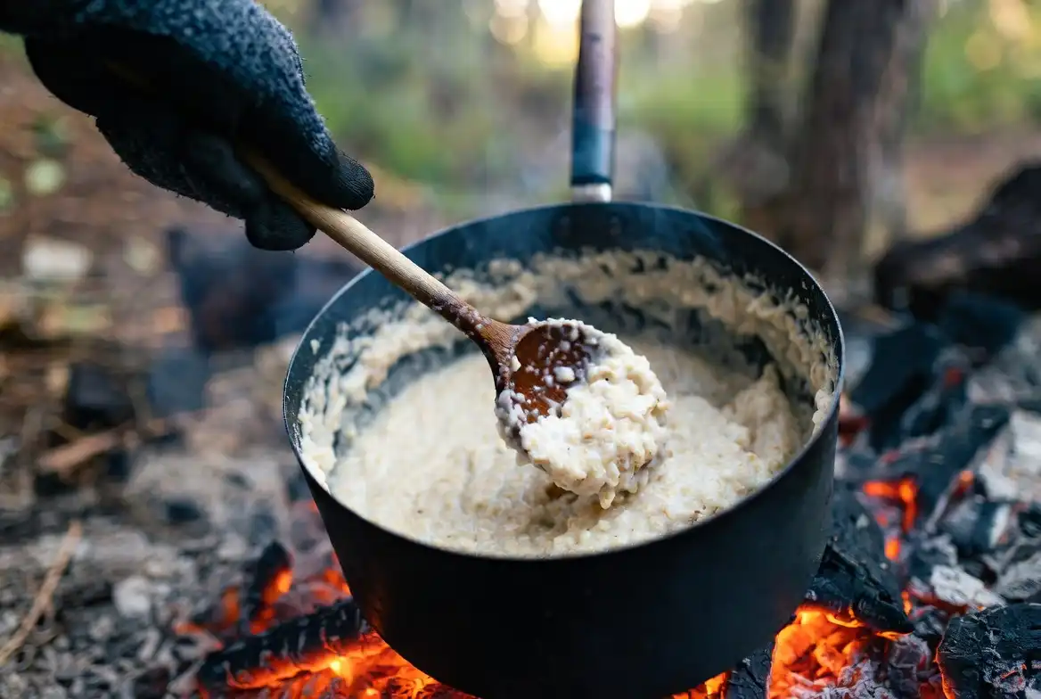 Camper stirring thick oatmeal in camp pot over glowing coals