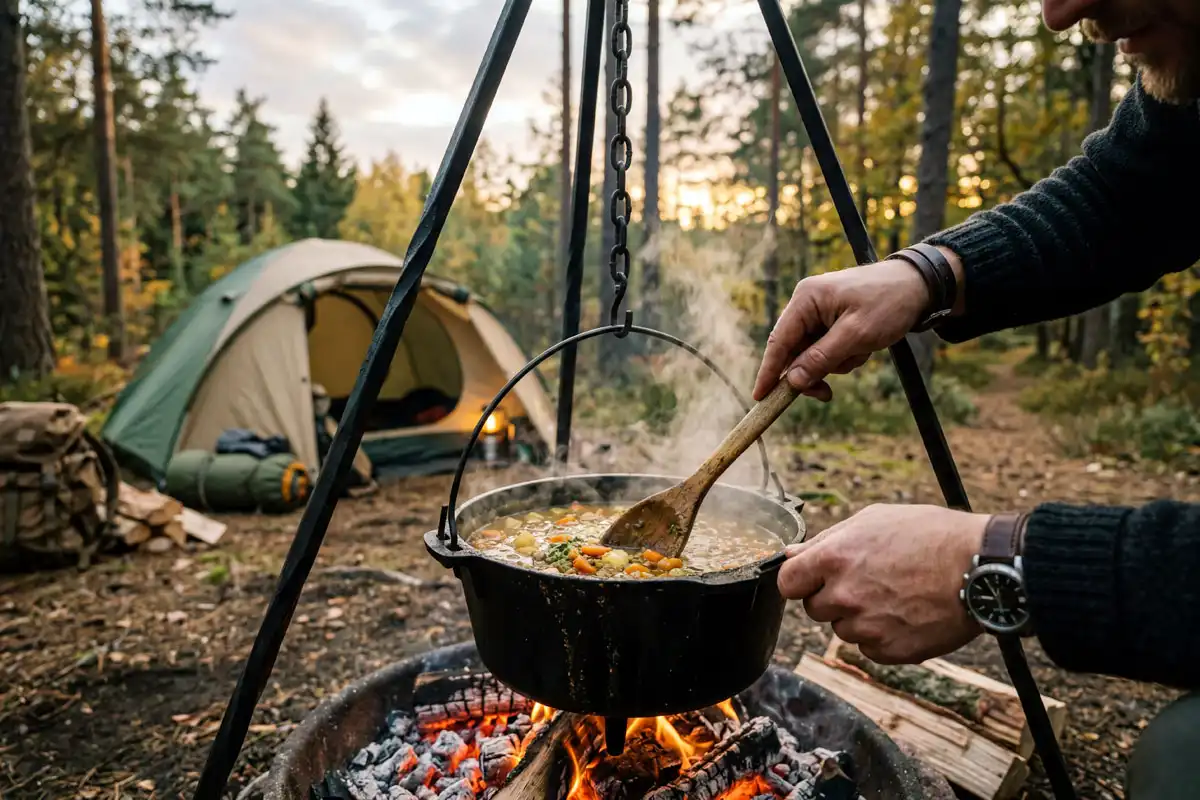 Camper stirring soup in a pot hanging from a campfire tripod