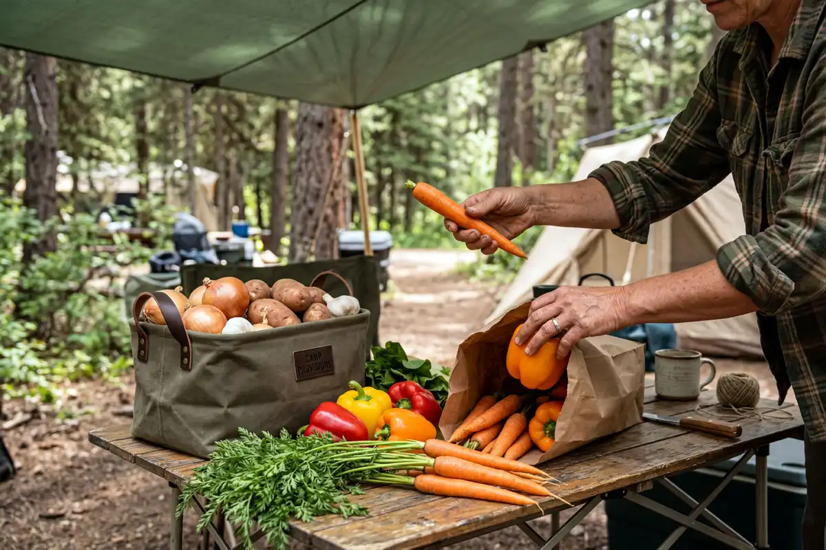 Camper storing carrots and Bell peppers in paper bag at camp