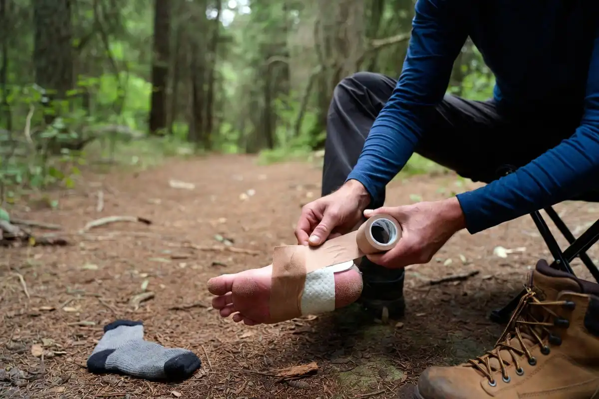 hiker taping a heel hotspot with moleskin donut and athletic tape