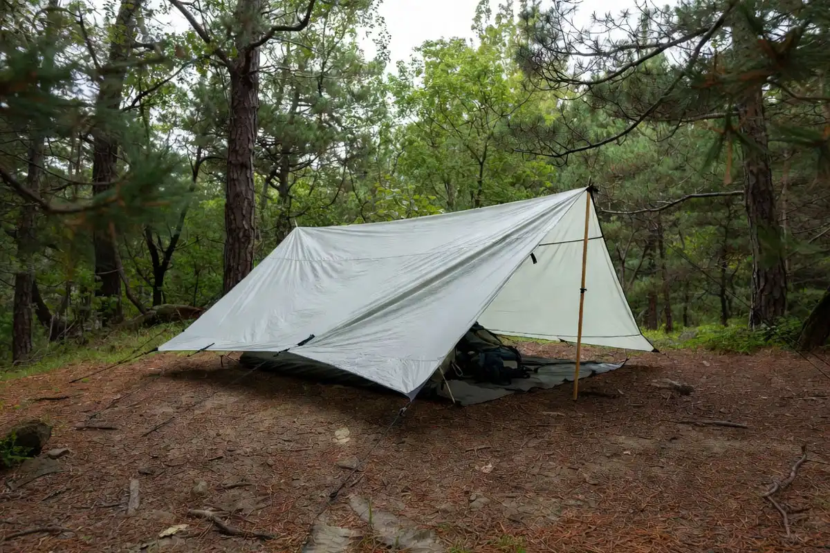 a frame tarp shelter with taut guylines
