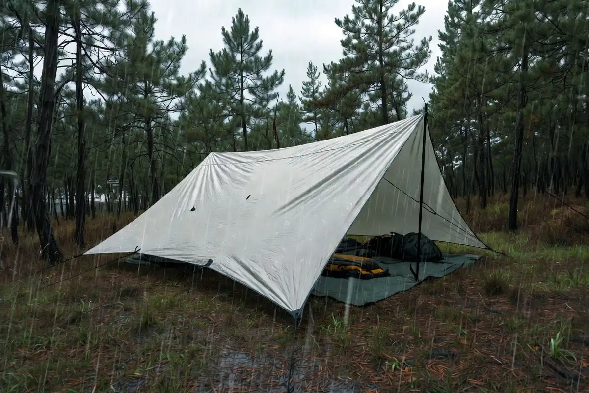 lean to tarp pitched low into wind with groundsheet