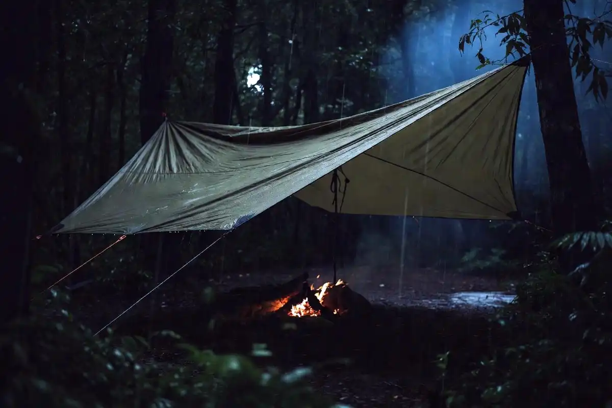 polyester tarp suspended over burning campfire in rainy forest
