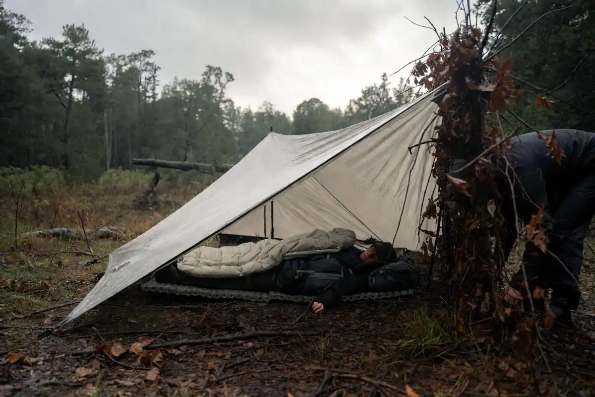 tarp windbreak and ground insulation during cold rain