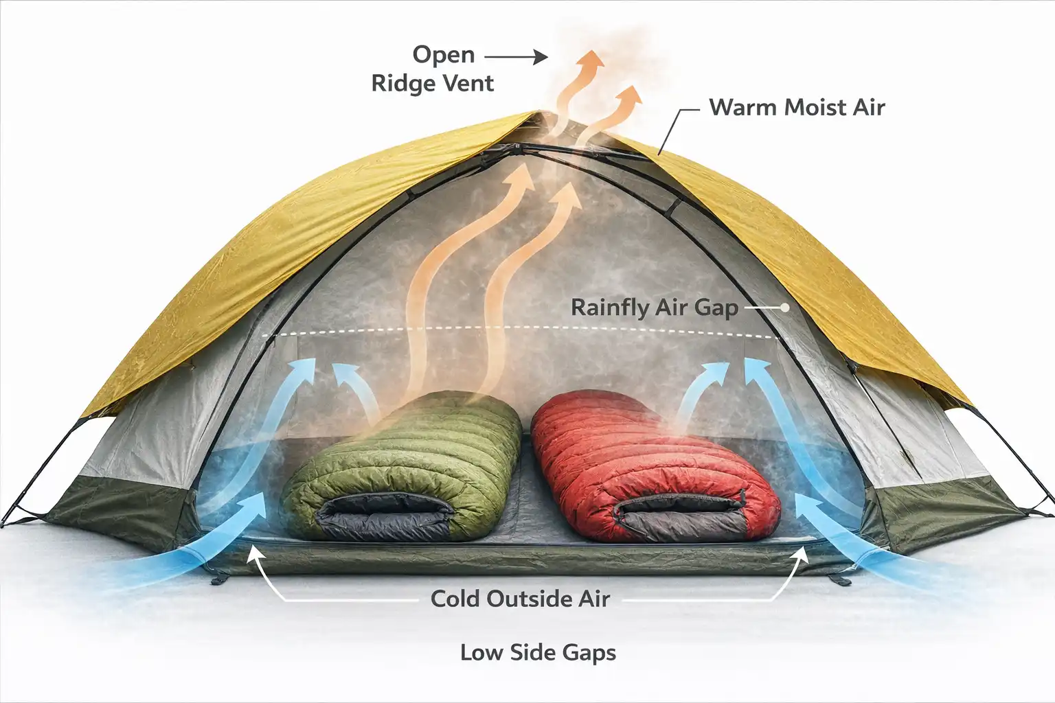 diagram showing warm air rising and exiting tent roof vent with cold air entering low