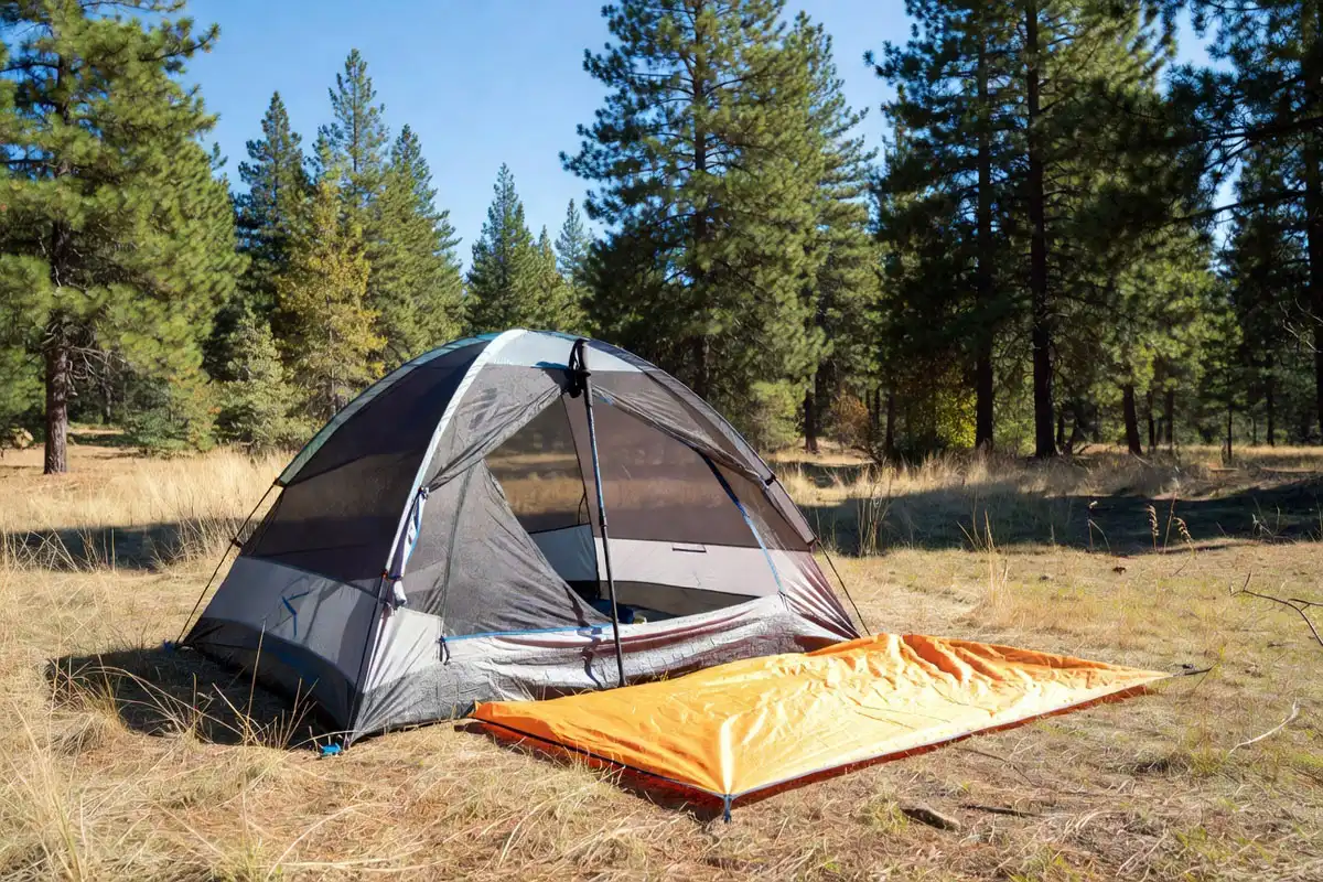 dome tent body propped open with a trekking pole on dry grass with rainfly spread nearby