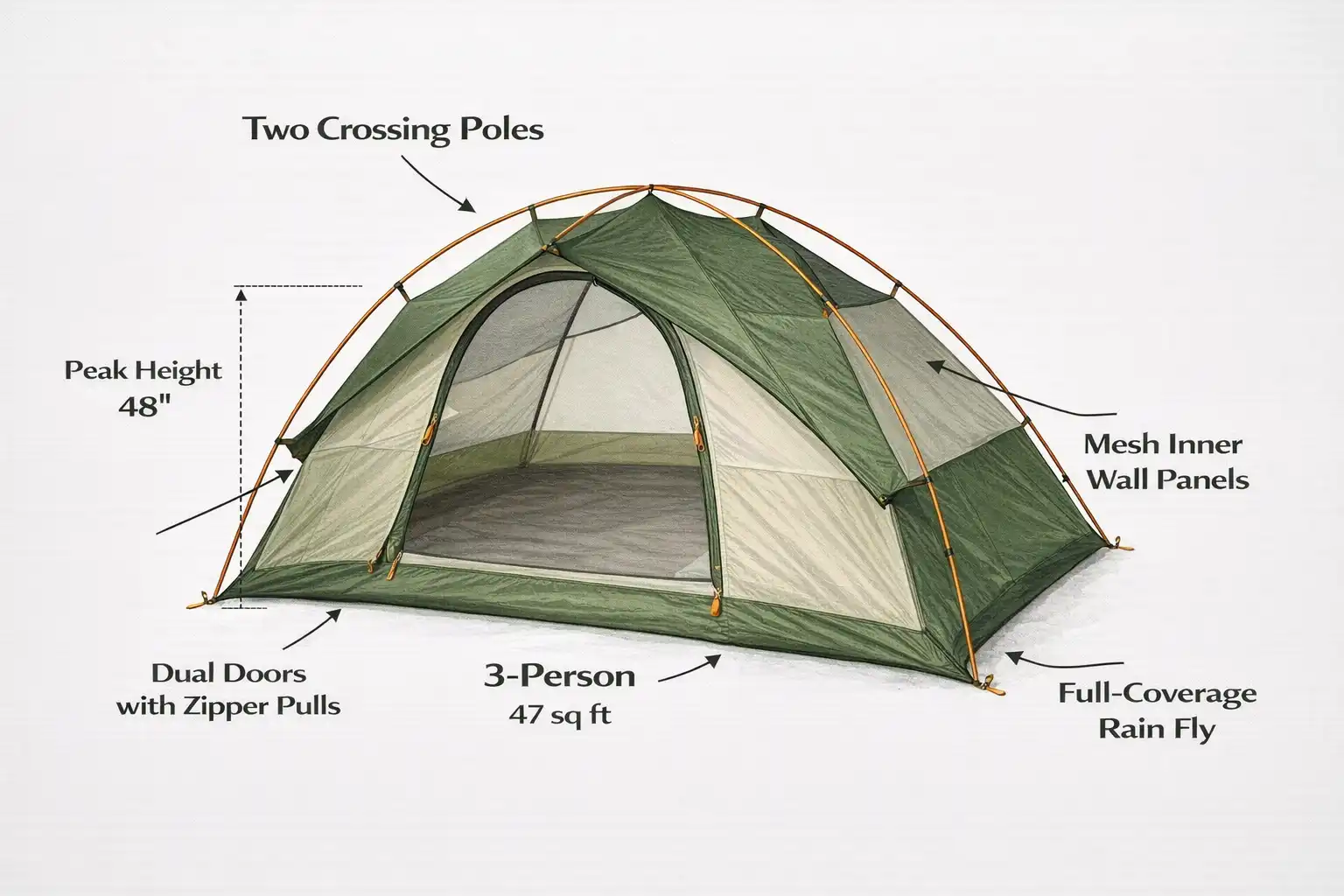annotated diagram of a dome tent showing peak height rain fly coverage and door positions