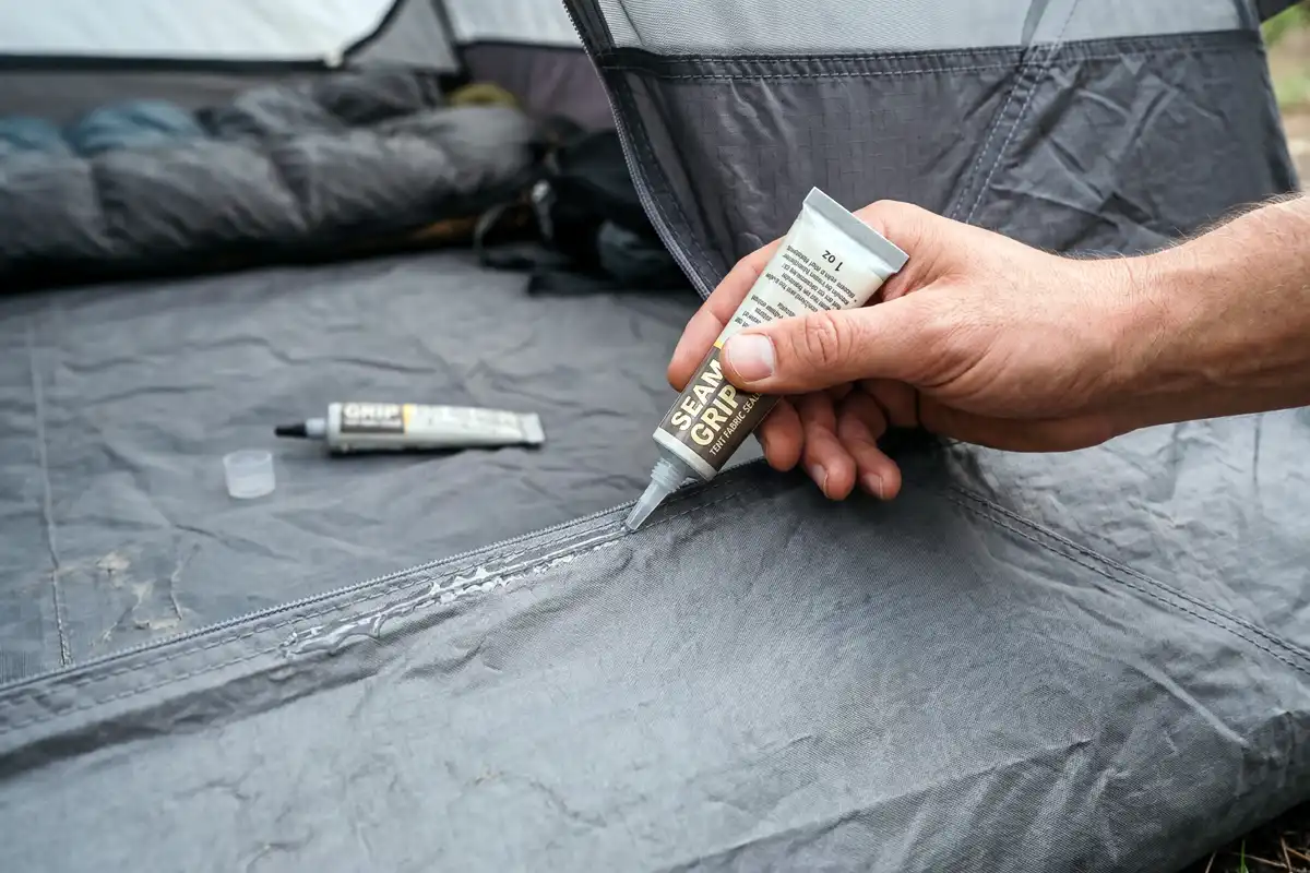Camper sealing the perimeter seam of a tent floor from the inside
