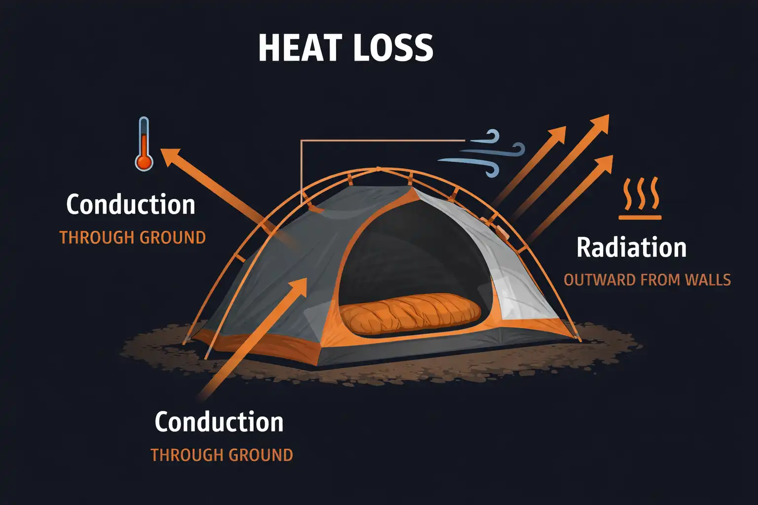diagram about how cold air enters a tent through ground conduction convection and radiation