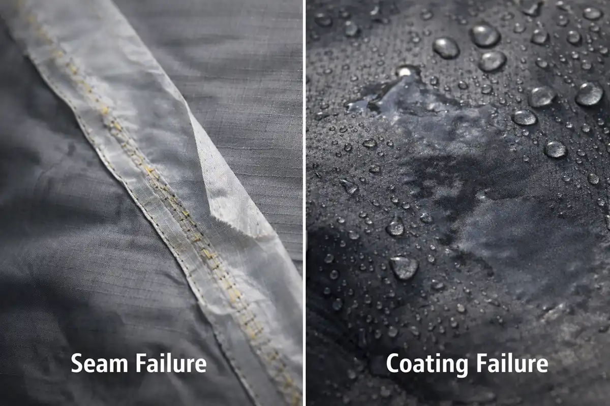 peeling seam tape and wet out tent fly fabric comparison