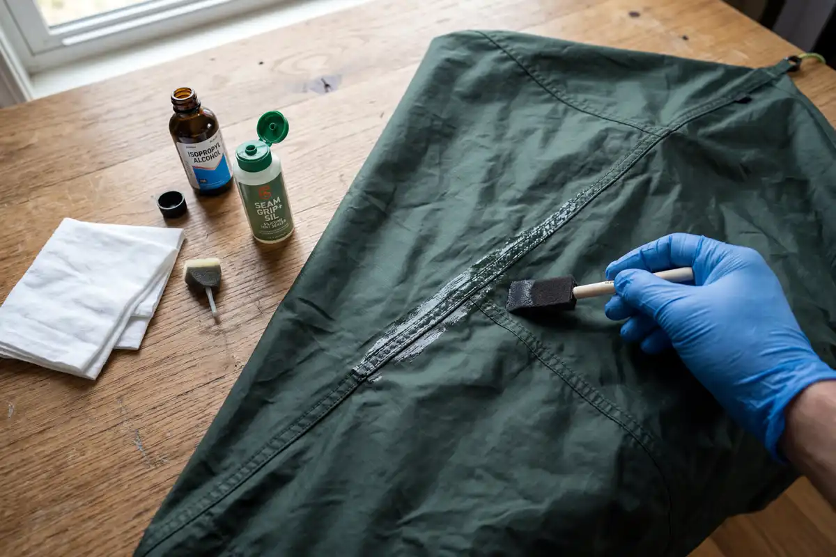 seam sealer bottle brush and alcohol laid out next to tent rain fly stitching