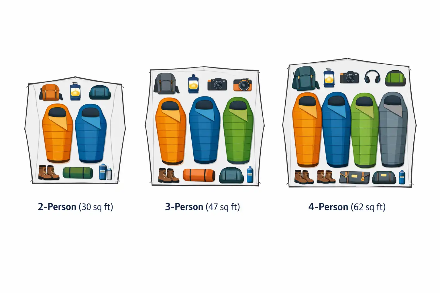 tent floor plan comparison showing floor space for two three and four person tents