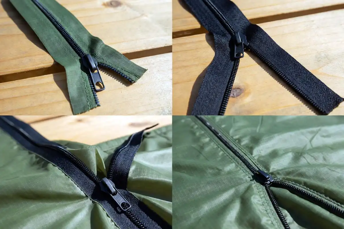 four types of tent zipper failures shown side by side on green tent fabric