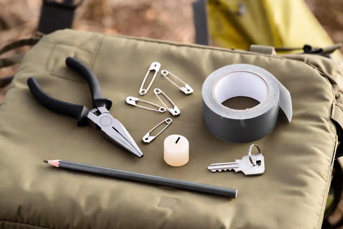 needle nose pliers safety pins duct tape and lip balm laid out on a camp blanket