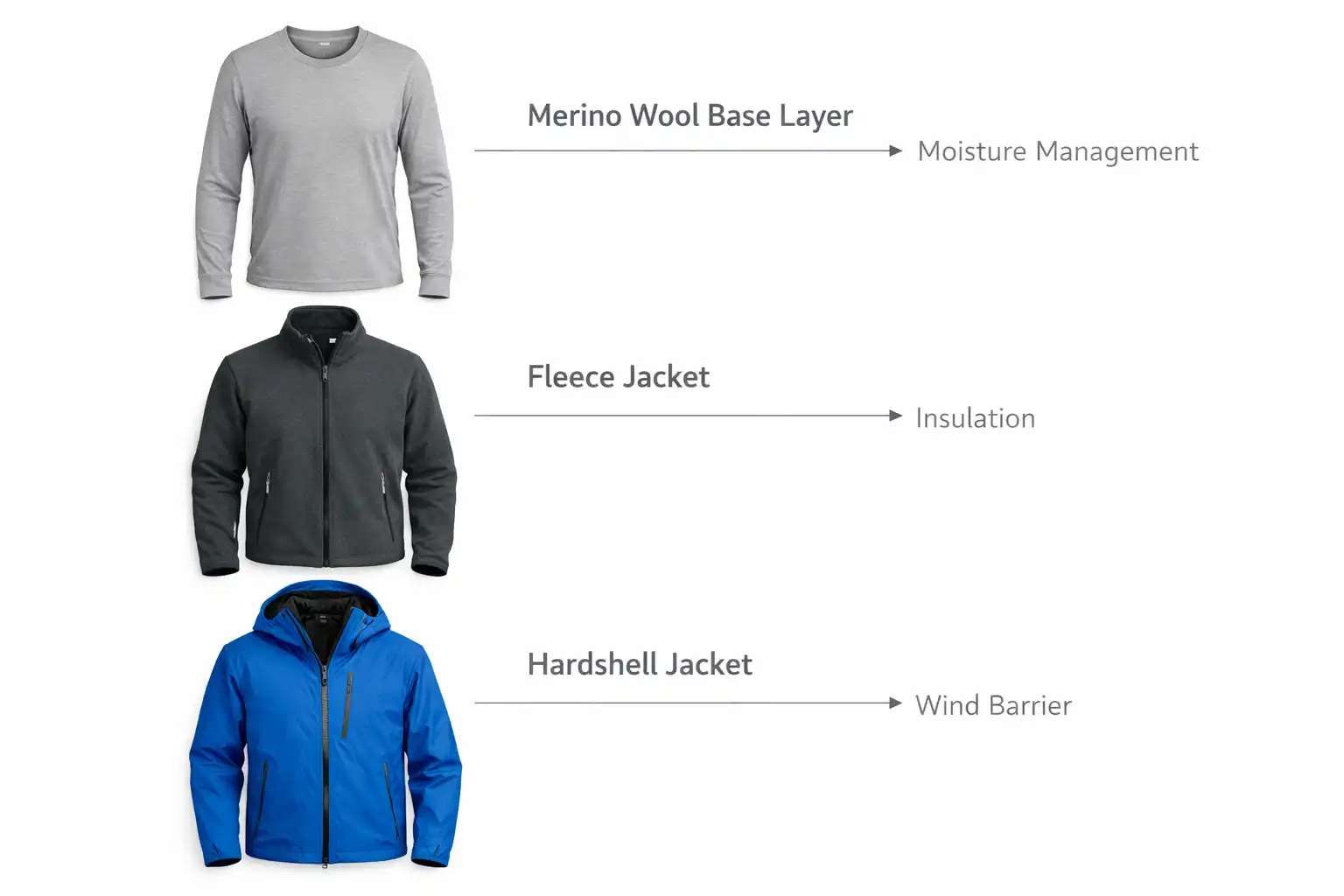 diagram listed base layer, mid layer and shell layer for hiking
