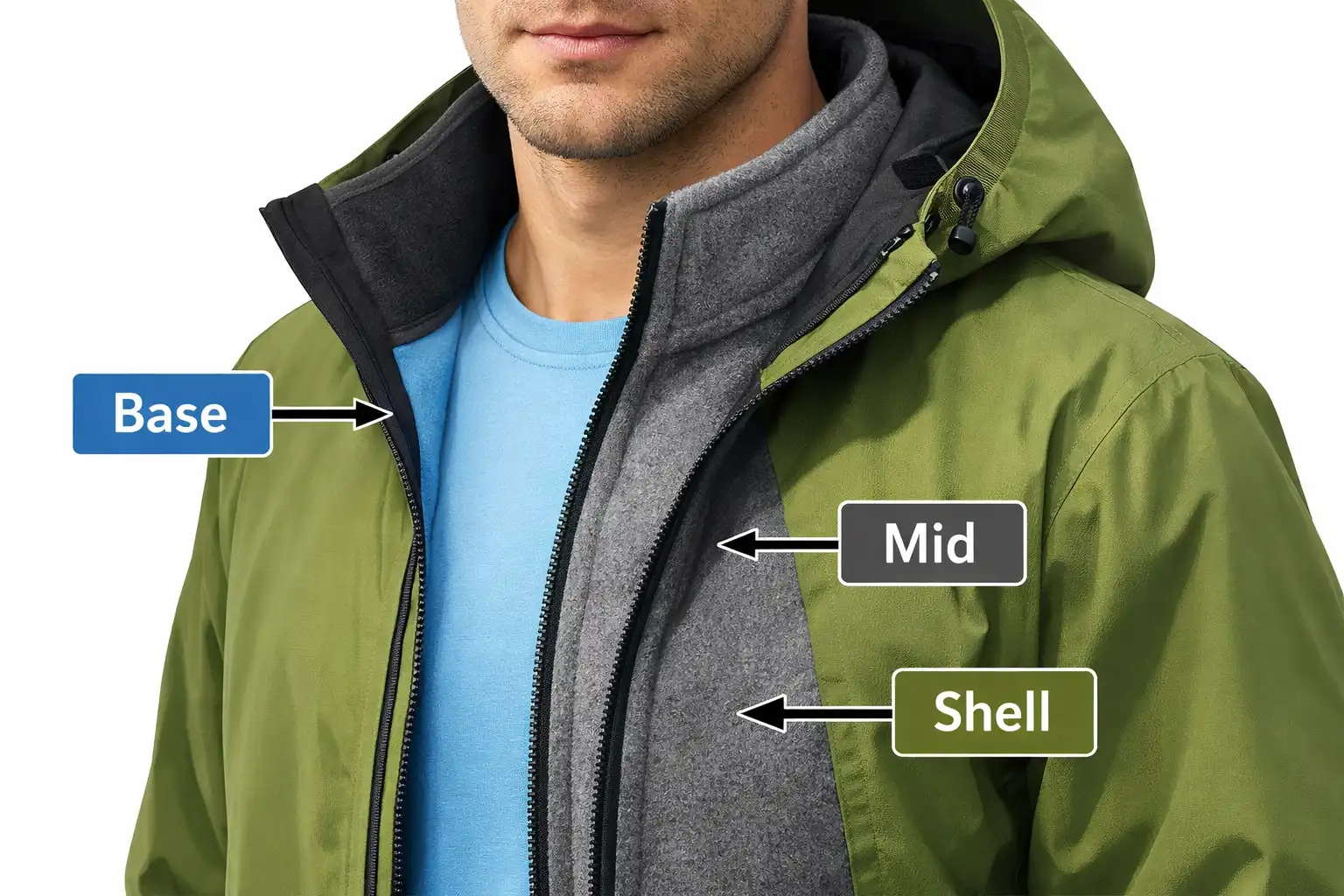 base mid and shell layering system for wet weather hiking