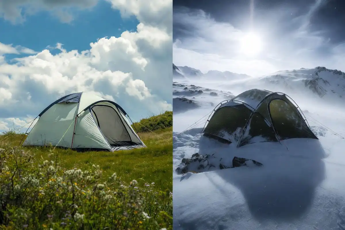 three season tent on summer meadow beside four season tent on snowy alpine ridge