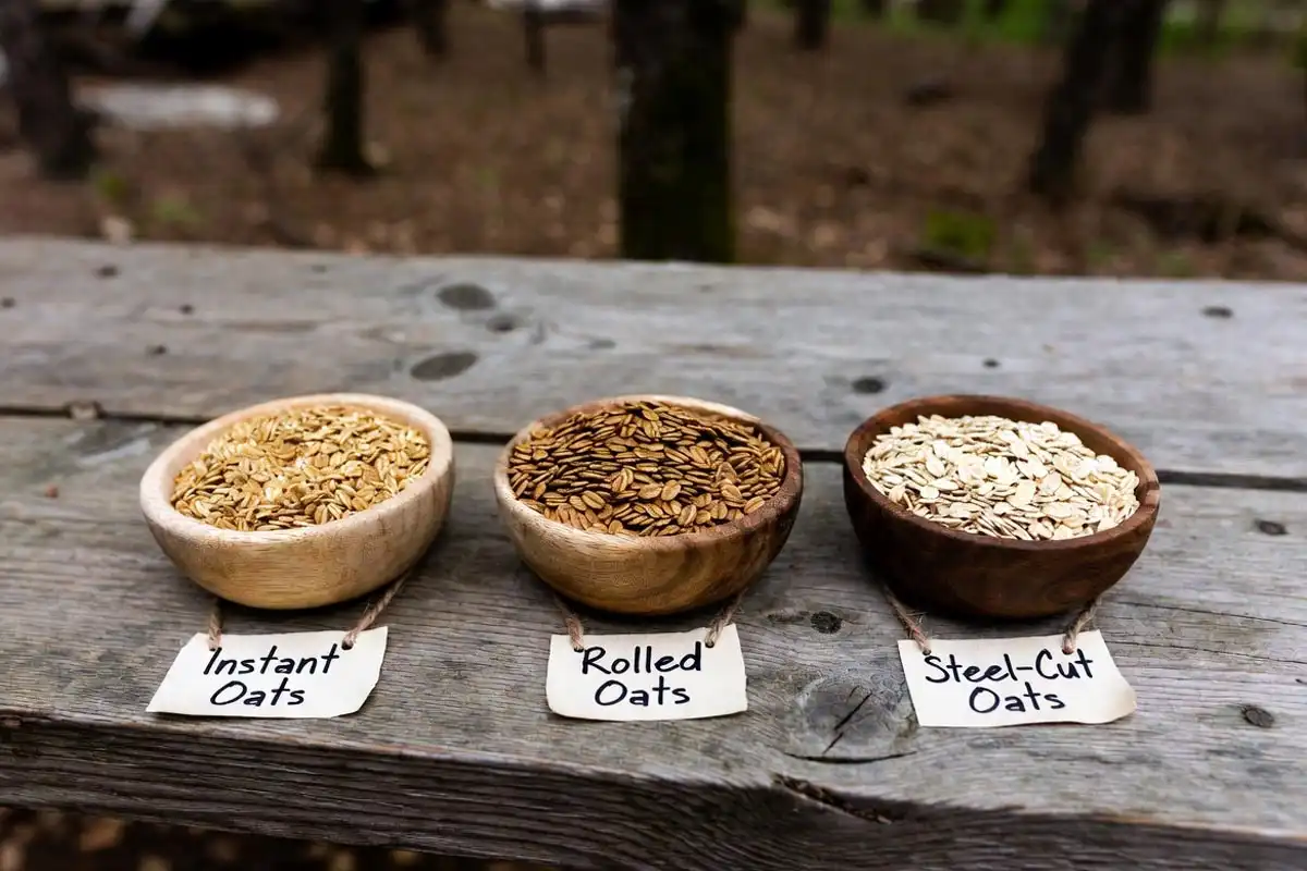 instant rolled and steel cut oats in wooden bowls on camp table