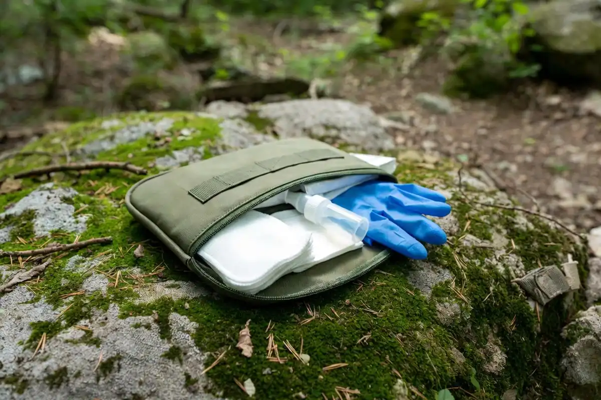 open first aid pouch showing gauze pads saline nasal spray and nitrile gloves on a rock