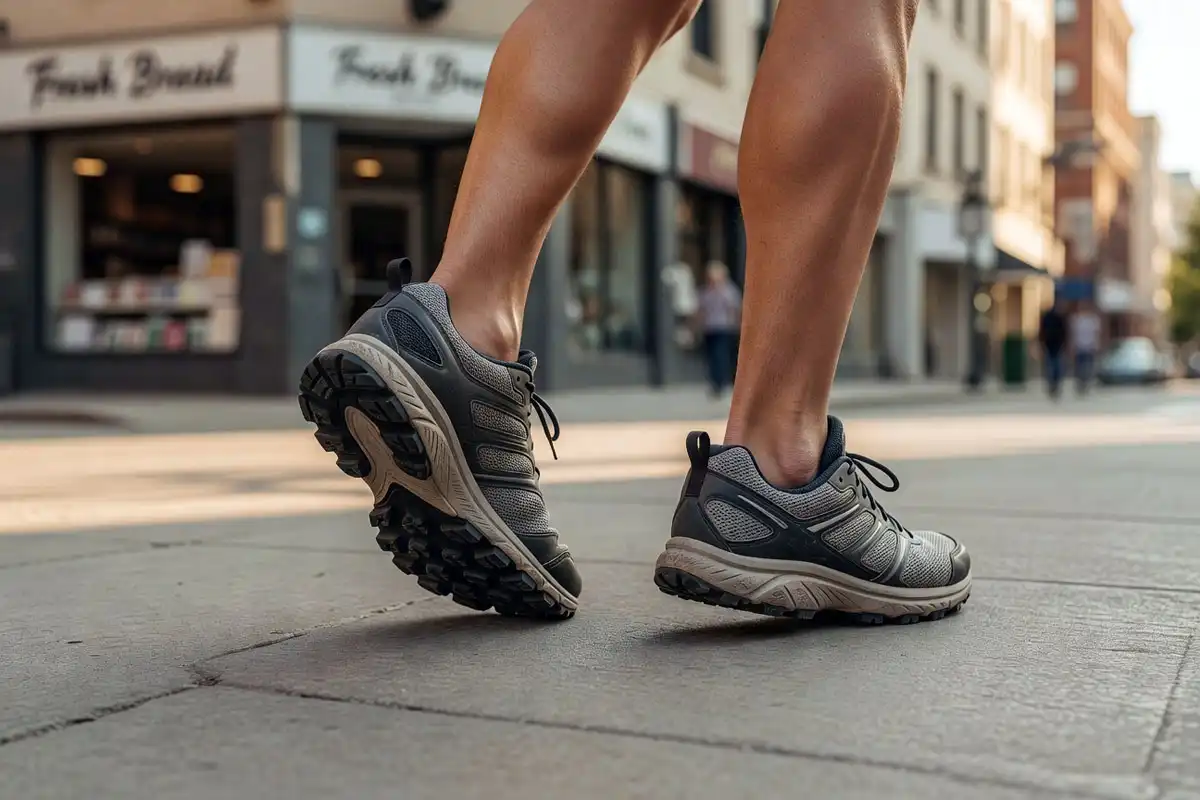 trail running shoes mid stride on smooth concrete street