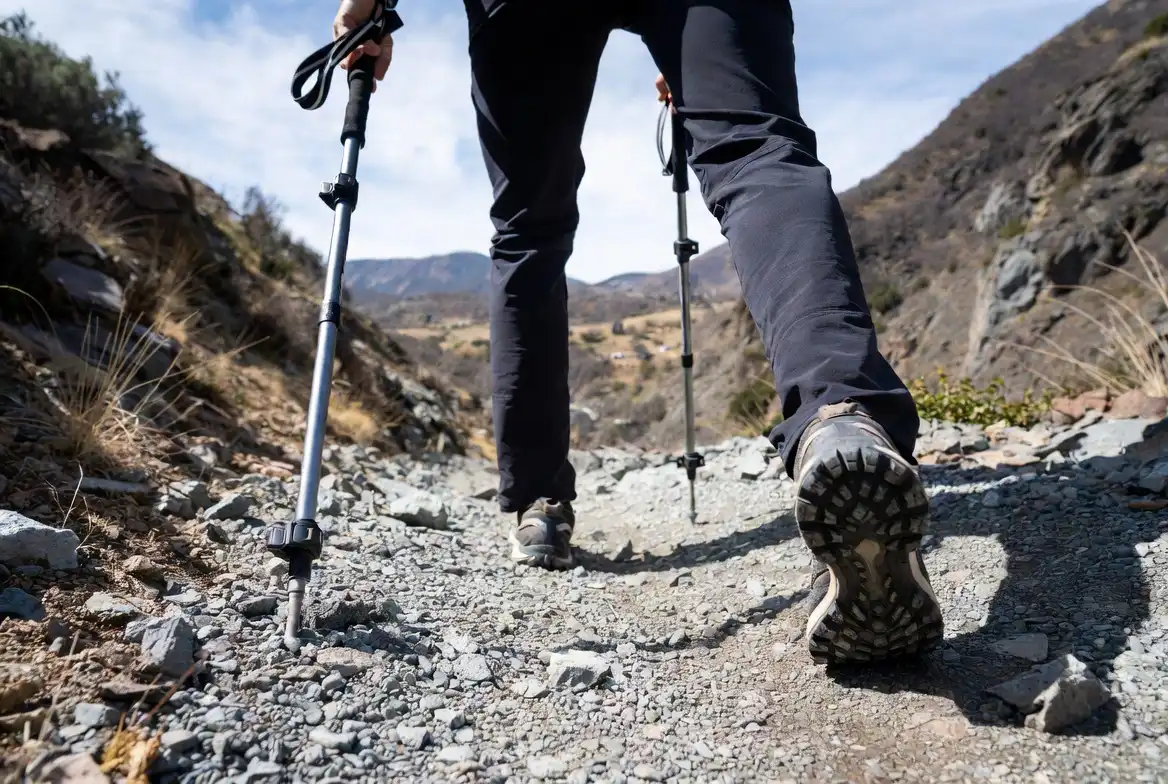 hiker planting trekking poles on steep rocky descent trail
