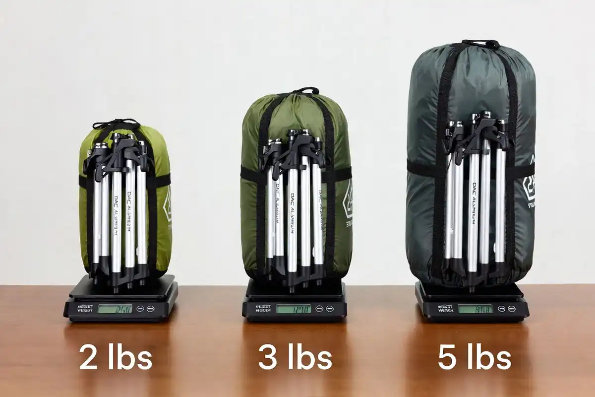 three packed two person camping tents on scales showing different trail weights side by side
