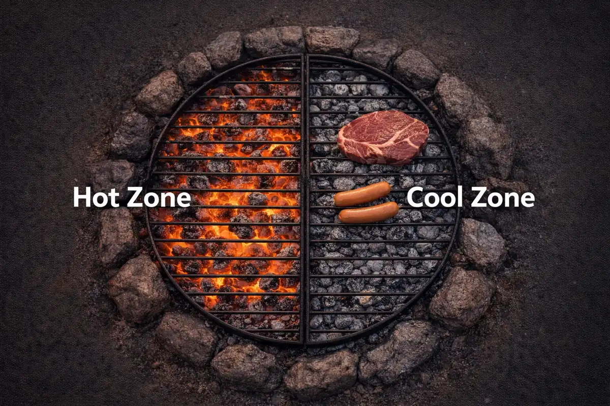hot zone and cool zone coal placement in campfire pit